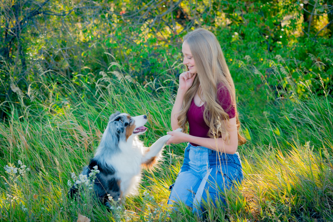 Girl in field with dog for senior pictures